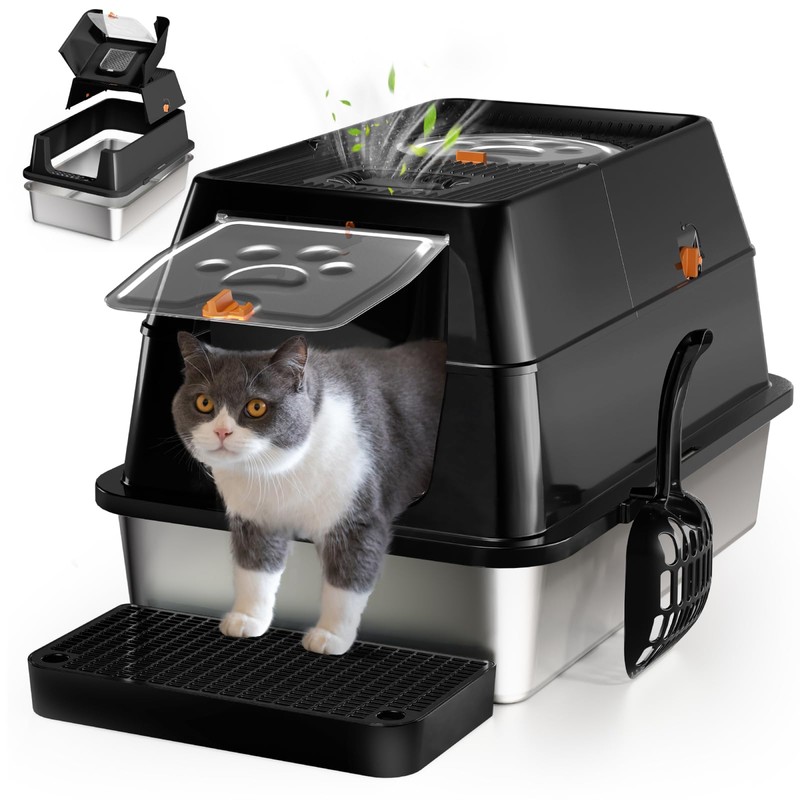 Eosarcu All Stainless Steel Cat Litter Box Top Round Lid