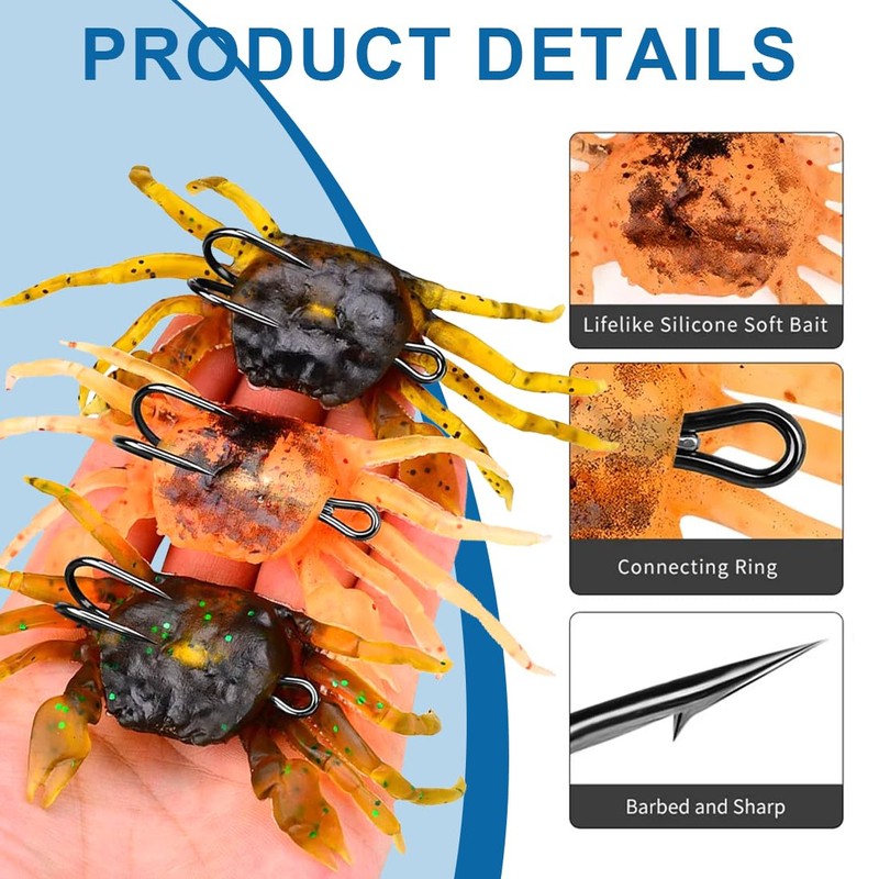 XPEX Pack of 3 Simulation Crab Bait, Crab Sharp Hook