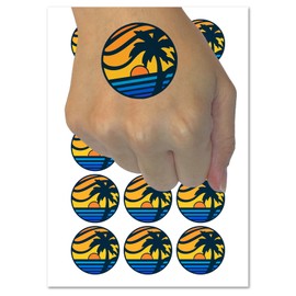 Beach Sunset Scene Tropical Ocean Temporary Tattoo Water Resistant Fake Body Art Set Collection - 15 2" Tattoos (1 Sheet)
