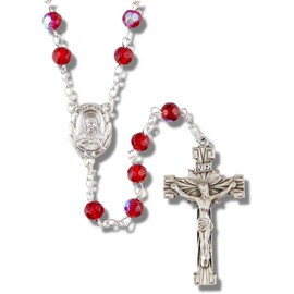 Christian Brands Prague Fire-Polished Ruby Colored Glass Beads Rosary with Sacred Heart Centerpiece, Beaded Prayer Necklaces for Men and Women, Religious Catholic Jewelry, 20 Inches, Red
