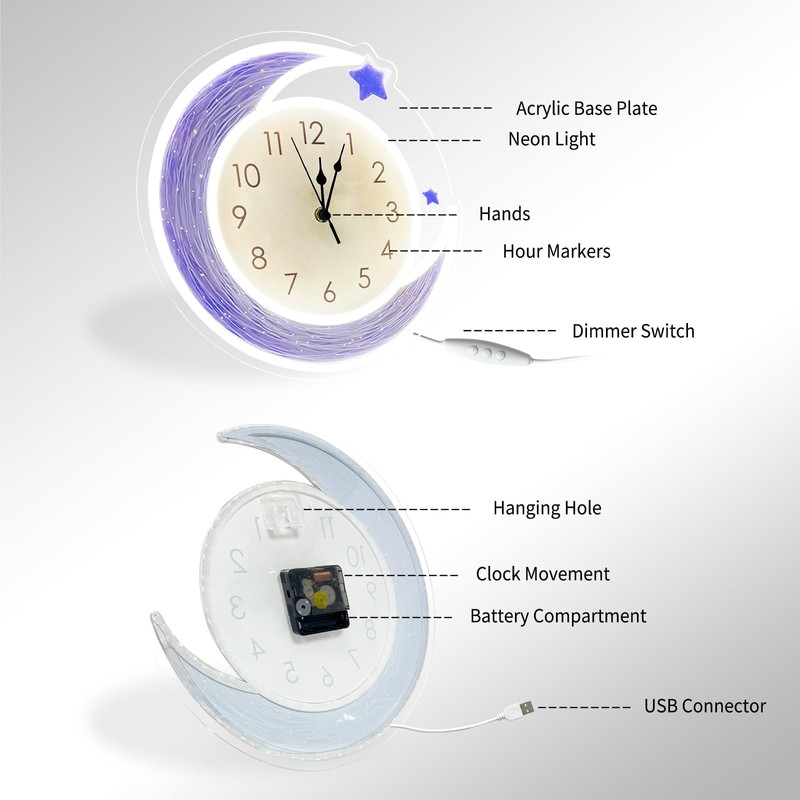 COLORNEON Silent Moon Neon Clock with Dimmable Light - 4-in-1