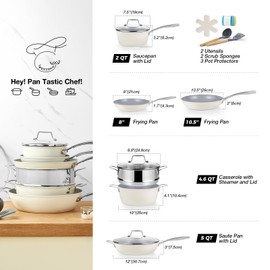 PekGema Ceramic Cookware Set Nonstick, 16 Pcs Pots and Pans Set Non Toxic, Oven Safe, Induction Cookware, Cooking Set with Steamer, PPG Ceramic PFAS PTFE PFOA FREE, White