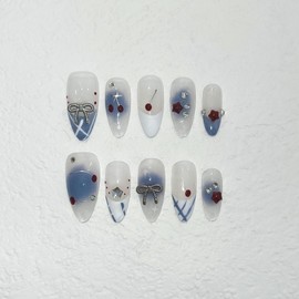 TENPAL Press on Nails 10Pcs with Full Kit - Medium Almond Light Blue White French Fake Nails with Cherry, 3D Charms Bow Rhinestone Summer Nails, Sweet Girls False Nails Cute Design Glue on Nails(XS)