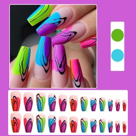 24 Pcs Matte Pink Press on Nails Medium Coffin Square - SHANRUN Ballerina Fake Nails Press ons Nail Art French Tips Glue on Nails Full Cover Artificial Acrylic False Nails with Ripple Graffiti Design