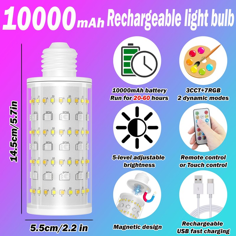 Battery Operated Light Bulb with Remote Control, 2 Pack Rechargeable