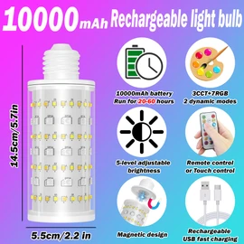 Battery Operated Light Bulb with Remote Control, 2 Pack Rechargeable Light Bulbs 360° Lighting for Non-Hardwired Lamp, 10000mAh RGB Dimmable Bulbs Lighting Time Up to 60 Hrs for Home Power Outage