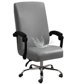 Shukii Waterproof Office Chair Cover PU Leather Computer Seat Covers Stretch Rotating Chair Slipcover with Elastic Bottom Universal Chair Protectors for Rotating Boss Chair (Grey, Large)