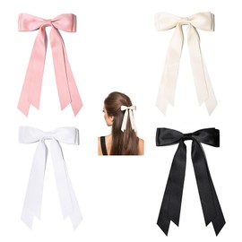 4 Pcs Hair Bows for Women,Solid Color Large Bowknot Hairpin with Long Ribbon,Silky Satin,Slides Metal Clips Bow,for Women Girls Toddlers Teens Kids(Beige/White/Pink/Black)
