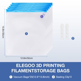 ELEGOO 3D Printing Filament Vacuum Storage, 20 Thickened Bags Sealed, Dust Proof Humidity Resistant for Keeping Dry with Sealing Clips Without Pump (13.8" x 12.6")