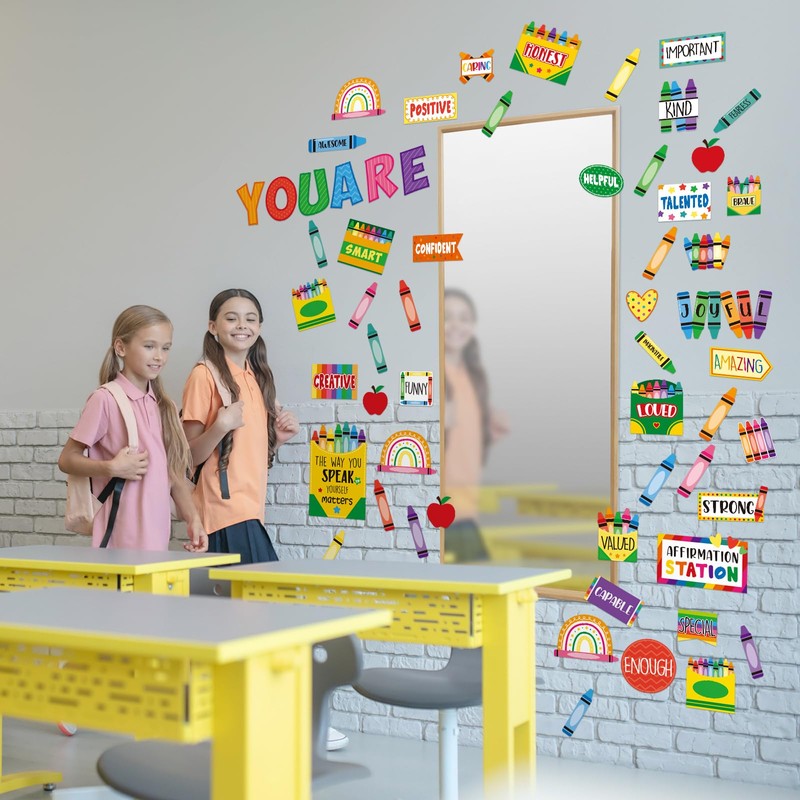 Mooliwe 90 Pcs Crayon Affirmation Station Classroom Bulletin Board Set