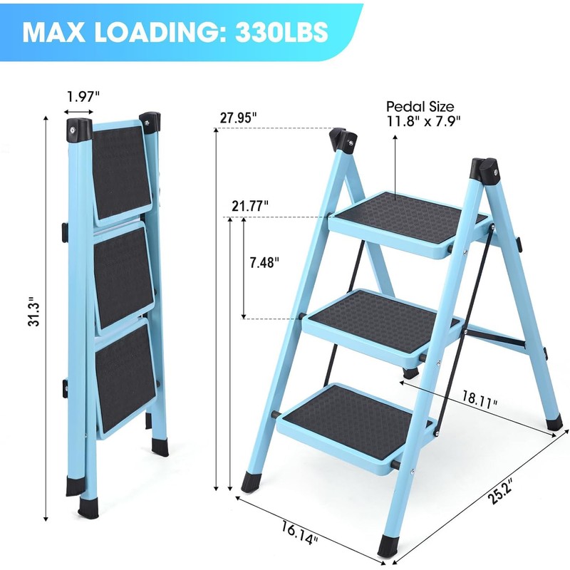 3 Step Ladder, Folding Step Stool for Adults, Lightweight Aluminum