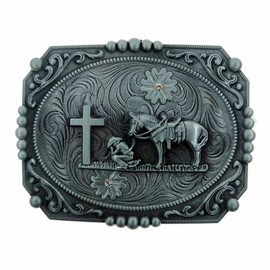 Religion Cross Cowboy Kneeling Prayer And Horse Design Belt Buckles (Silver/Square)