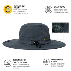 Comhats UPF 50 Wide Brim Sun Hats Summer Mesh UV Protection Safari Hat Fishing Hiking Boonie Hats with Chin Strap Waterproof and Breathable, 00702_Dark Grey