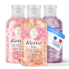 Kustie Travel Size Body Wash Set – Petal Shower Gel Trio with Real Cherry Blossom, Lavender & Rose Petals – 3 x 3.38 fl oz – Hydrating, Calming, TSA-Friendly Mini Gift for Women & Men