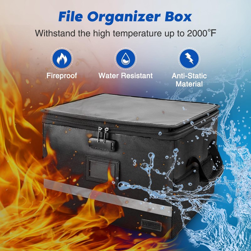 Fireproof Document Box with Lock, Waterproof File Safe Box Anti-Static