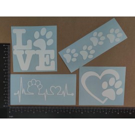 Paw Decals 4 Pack: Dog Paws, Love with a Paw, Paw Heartbeat, Paw Prints (White, Small ~3.5")