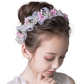 Campsis Princess Flower Headpiece Pink Pearl Crystal Headband Bride Bridesmaid Bridal Rhinestone Hair Accessories Communion Wedding Prom Photography for Girls and Women