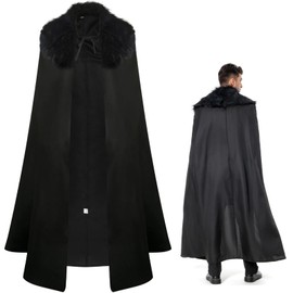 Renaissance Night Black Hooded Cloak Cape with Fur Adult Medieval Costume Wizard Cloak Dark Robe Outfit (Black, Large)