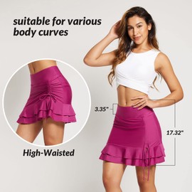 baleaf Women's High Waisted Adjustable Drawstring Ruffle Swim Skirt Bottoms Modest Tummy Control Swim Skort with Pocket Liner, Rose Red, Large