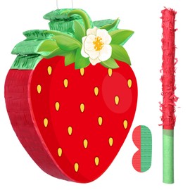 Aoriher Strawberry Piñata Red Strawberry Party Game Set Summer Fruit Piñata Berry Birthday Decoration with Stick Mask for Summer Fruit Theme Birthday Baby Shower Party Game Supplies Decoration