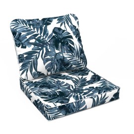LVTXIII Outdoor Deep Seat Cushion Patio Seat and Back Cushion Set Seasonal Chair Cushion with Removable Cover and Adjustable Buckle for Home and Garden, 22"x22"x4", Palms Blue