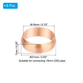 PATIKIL 19mm Tube OD Compression Sleeves Ferrules, 6pcs Copper Ferrule Fitting Compression Fitting Assortment Kit for Air Water Gas