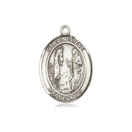 St Genevieve Medal 1" High Sterling Medal on a 24" Endless Rhodium Curb Chain