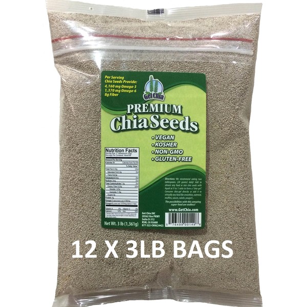 Get Chia Brand White Certified Organic Chia Seeds - 36 Total POUNDS = Twelve x 3 Pound Bags