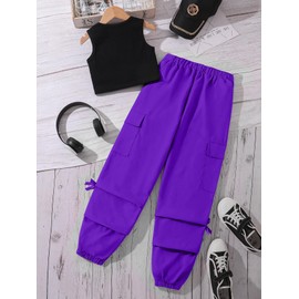 Ecolala Girls' Summer 2 Piece Outfits Sleeveless Cropped Tank Top and Cargo Pants Set Purple 7-8Y