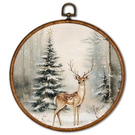 KSDUT Christmas Wall Decor Art - Winter Woodland Xmas Textile Wall Art Canvas Frame Hanging Prints, Vintage Pine Tree Deer Holiday Landspace Round Wall Art Decor for Home Farmhouse Decorations 10"x10"