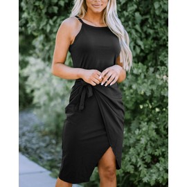 NOLLSOM Women Casual Sleeveless Striped Tank Midi Dresses Halter Neck Ruched Bodycon DressesTie Waist T Shirt Summer Dress (Medium, Solid Black)