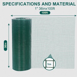 Wirewonders Hardware Cloth 1' 36in x 100ft Chicken Wire, Green Garden Fence, PVC Coated Metal Welded Wire Mesh for Preventing Snakes, Raccoons, Foxes, Poultry Netting