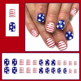 4th of July Press On Nails Extra Short Square,YEFIUO White Blue Fake Nails Press ons Nail Art Tip Acrylic Nail Kit Glue on Nails Full Cover False Nails with Red Stripes Glossy Design for Ma'am 24 Pcs