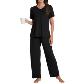 POKWAI Summer Womens Pajama Sets Short Sleeve Top with Long Pants Soft Comfy Pj Set Summer Pajamas for Women(Black,Large)