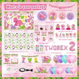 FrozzlyFun Pink Dinosaur Birthday Decorations for 2nd Girls, Two Rex Girl Dino Theme Party Decor Supplies - Backdrop, Banner, Tablecloth, Centerpieces, Temporary Tattoos, Fans Pompoms, Wall Signs