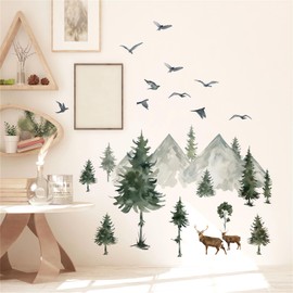 Watercolor Mountains Trees Birds Deers Wall Stickers, sacinora DIY Art Wall Decals Removable Vinyl Peel and Stick for Living Room Children's Room Bedroom Sofa TV Background Decorations