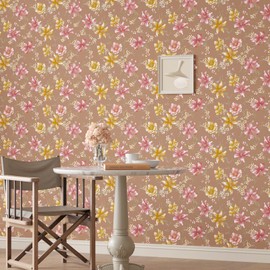 Yullpaper Light Pink Floral Wallpaper Peel and Stick Vintage Wallpapers for Bedroom Accent Wall Flowers Stick on Wallpaper Removable Yellow Floral Wall Paper Vinyl Renters Friendly Decor 17.5×102.3’’