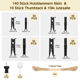 HavaCue Pack of 140 Mini Wooden Pegs, Small, 2.5/3/3.5/4.5 cm, Natural Mini Clothes Pegs, Wedding Small Wooden Pegs for Polaroid Photos with 10 m Jute String DIY for Photo Wall Display Party (Black)