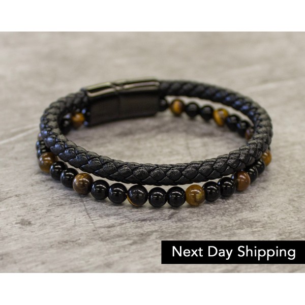 Mens Bracelet • Tiger Eye Obsidian Leather Mens Bracelet • Tiger's Eye and Genuine Leather • Love Bracelet • Handmade Gift for Him (M02)