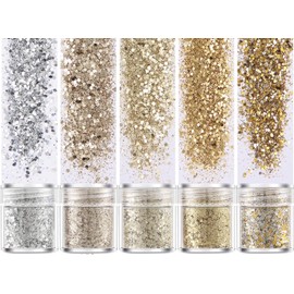 Coollooda Glitter Containers Glitter Nail Parts Nail Art Nail Town Glitter Glitter Glitter Glitter Powder Hair Decoration Face Body Christmas New Year Party Set of 5 (Gold Set 1mm & Mixed Powder Size) (Gold Series)