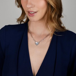 18K Gold Plated Heart Necklace for Women | Mother of Pearl Love Jewelry with Paperclip Chain (White Silver)