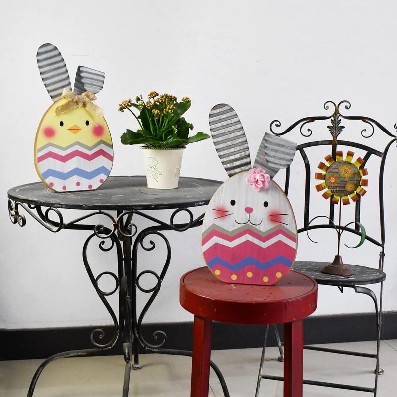 K KILIPES Easter Wood Bunny Sign Table Top Colorful Egg