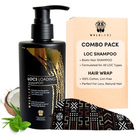 NVLX Labs Locs Care Set – Natural Hair Shampoo 8 Fl Oz, Cotton Hair Towel Wrap 31"x12" | Vit B, C, Biotin Rich Deep Cleansing Vegan Shampoo, Lint Free Towel Quick Drying for Dreadlocks, Sisterlocs