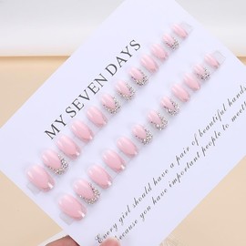 Duck Short Press on Nails Square Fake Nails with Rhinestone Design Light Pink Shine False Nails Sparkly Glue on Nails Charms Artificial Reusable Acrylic Nails Stick on Nails for Women and Girls 24Pcs