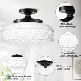 Lamomo Semi Flush Mount Ceiling Light,White Glass Shade Black Hallway Light Fixture,3-Bulb Globe Glass Close to Ceiling Scone,Indoor Hanging Light for Bedroom Kitchen Porch Hallway,Bulbs Not Included