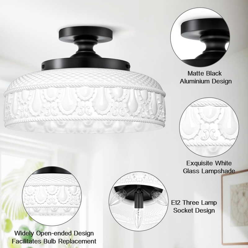 Lamomo Semi Flush Mount Ceiling Light,White Glass Shade Black Hallway