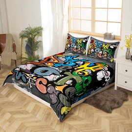 Loussiesd Street Graffiti Bedding Set with Zip, 3-Piece Sreet Art Design Duvet Cover, Hiphop Style, Soft Breathable Microfibre Bed Set with 2 Pillow Cases, Girls, Children, Couples