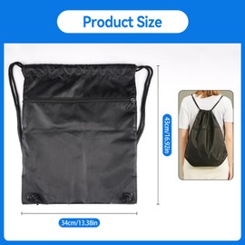43 x 34 cm Backpack with Drawstring, Large Gym Bag, Black for Men, Women, Boys, Adjustable Sports Bag with Zip Outer, Waterproof, Lightweight Gym Bag, for Sports, Travel, School, Beach