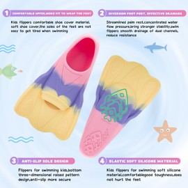 Kids Swim Training Fins, Comfortable Silicone Short Fins for Lap Swimming Flippers, Travel Size Flipper for Kids with Mesh Bag
