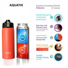 Aquatix (Bright Pop Orange, 21 Ounce) Pure Stainless Steel Double Wall Vacuum Insulated Sports Water Bottle with Convenient Flip Top - Keeps Drinks Cold for 24 Hours, Hot for 6 Hours